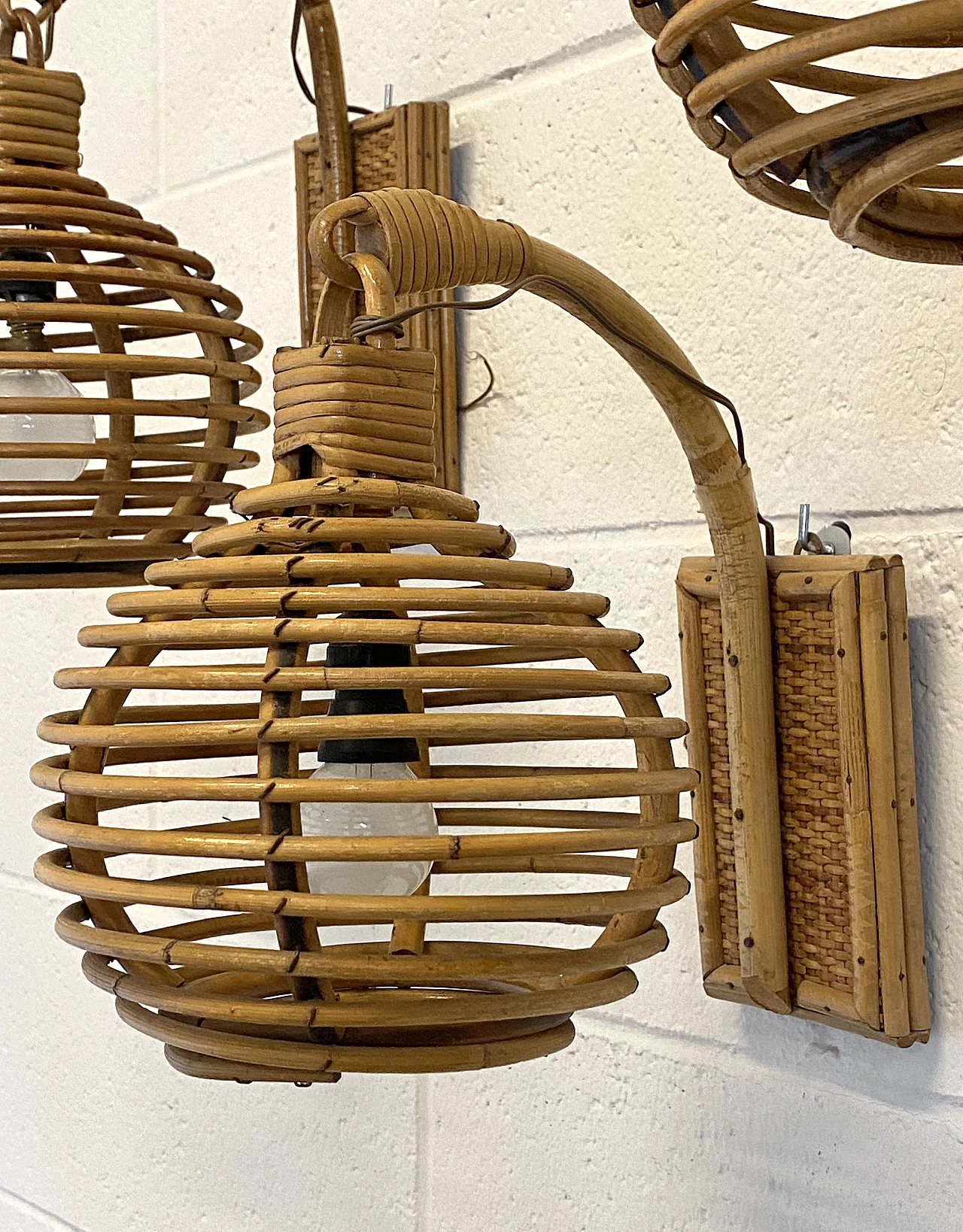 3 Bamboo and wicker wall lamps, 1970s 3