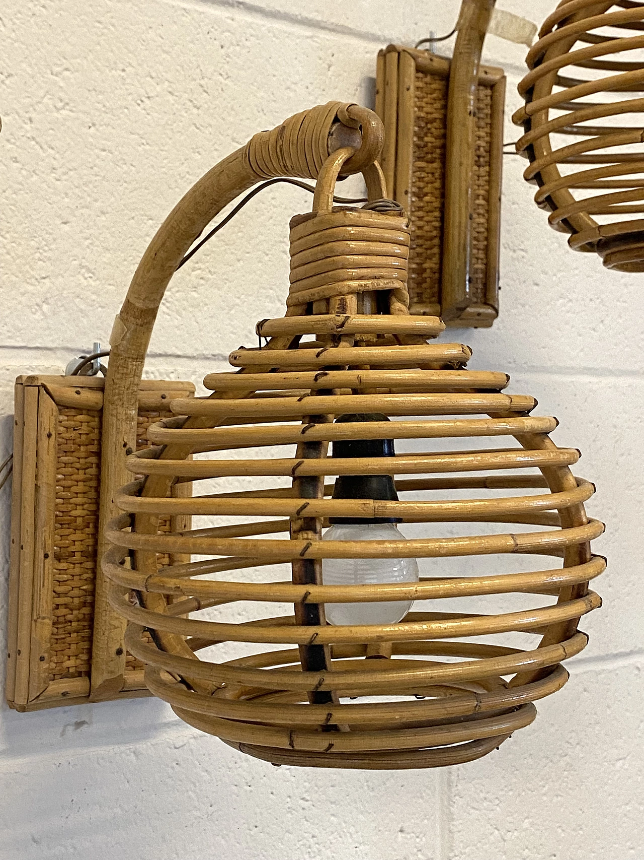 3 Bamboo and wicker wall lamps, 1970s 7