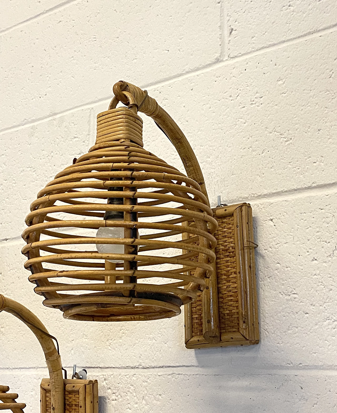 3 Bamboo and wicker wall lamps, 1970s 9