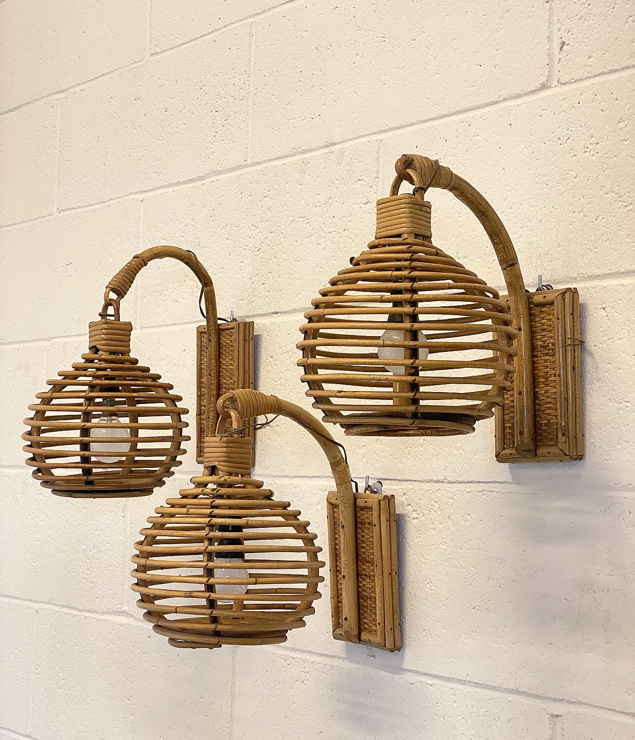 3 Bamboo and wicker wall lamps, 1970s 10