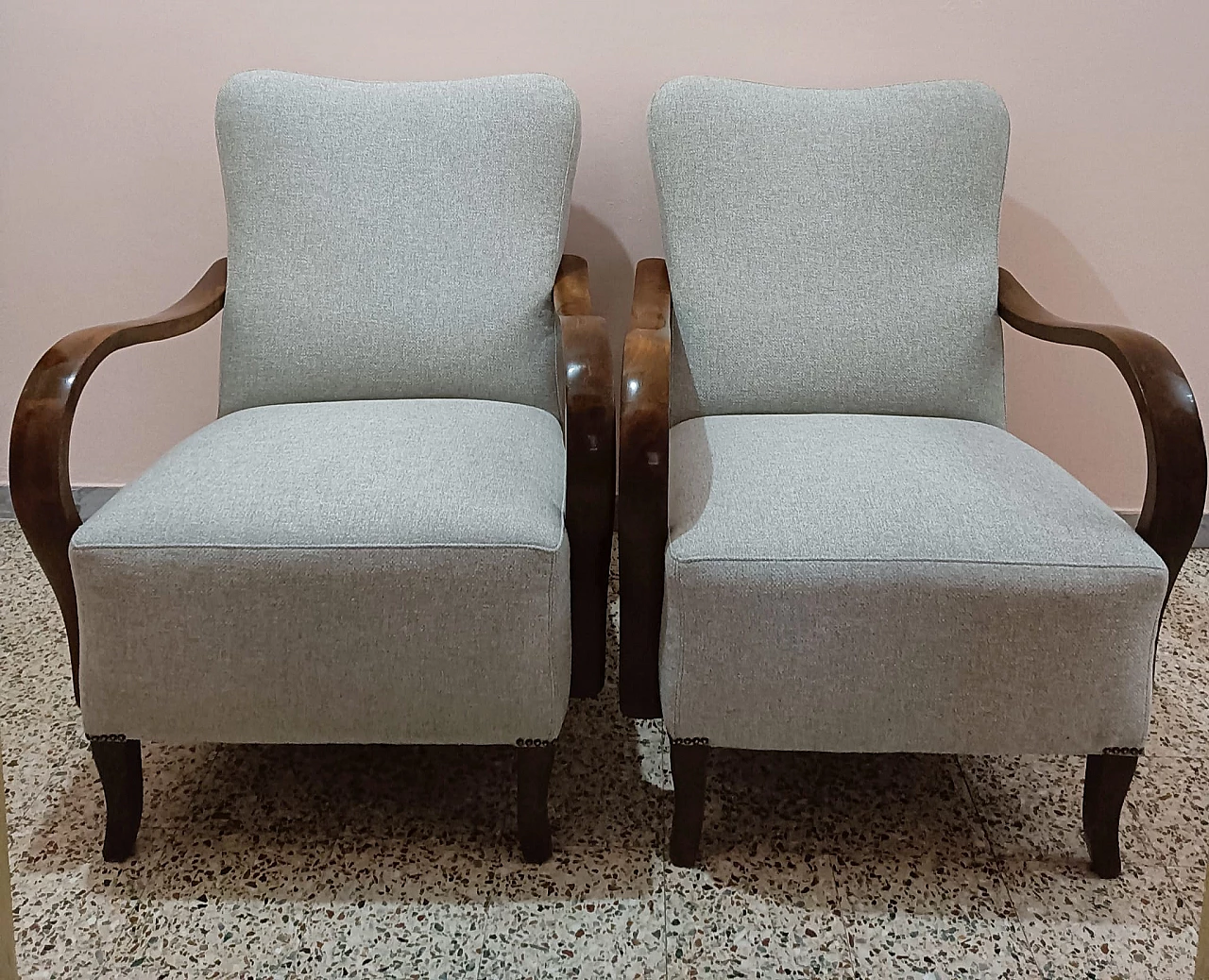 Pair of wooden and fabric armchairs, 1950s 2