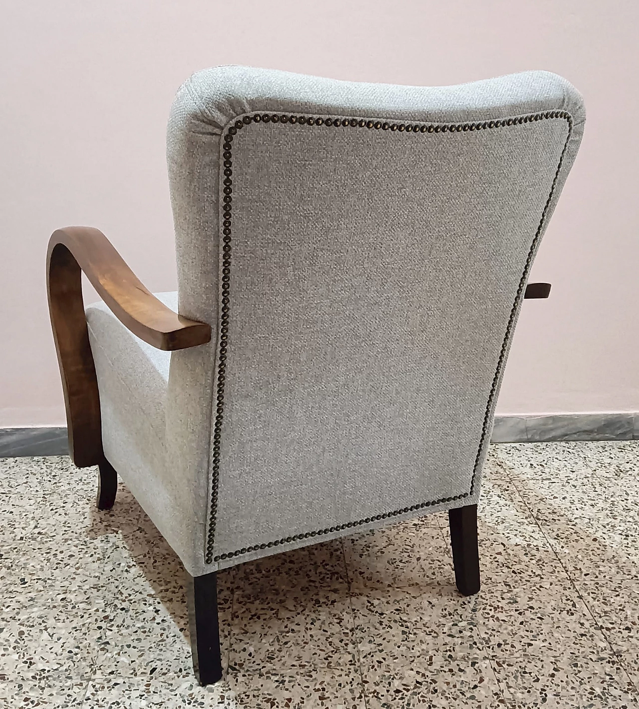 Pair of wooden and fabric armchairs, 1950s 3
