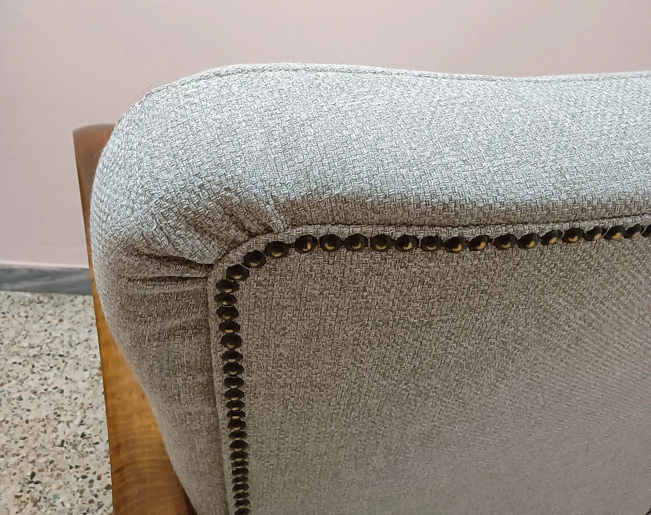 Pair of wooden and fabric armchairs, 1950s 4
