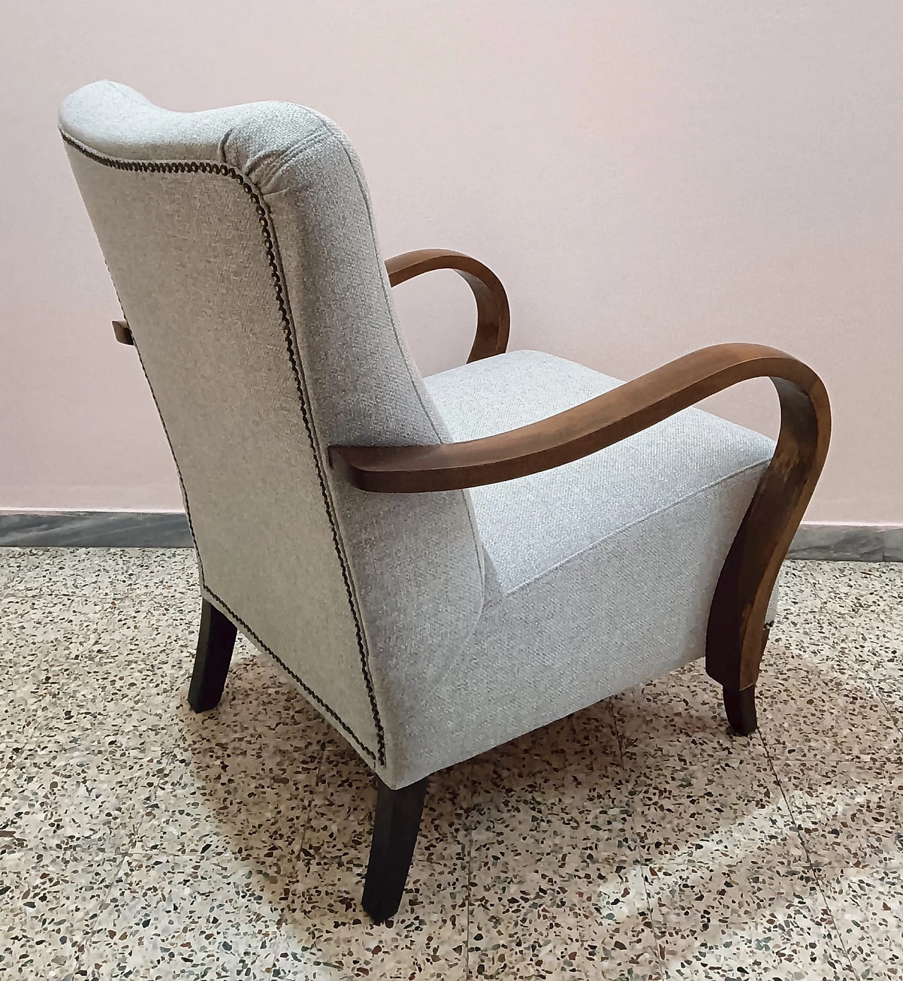 Pair of wooden and fabric armchairs, 1950s 5
