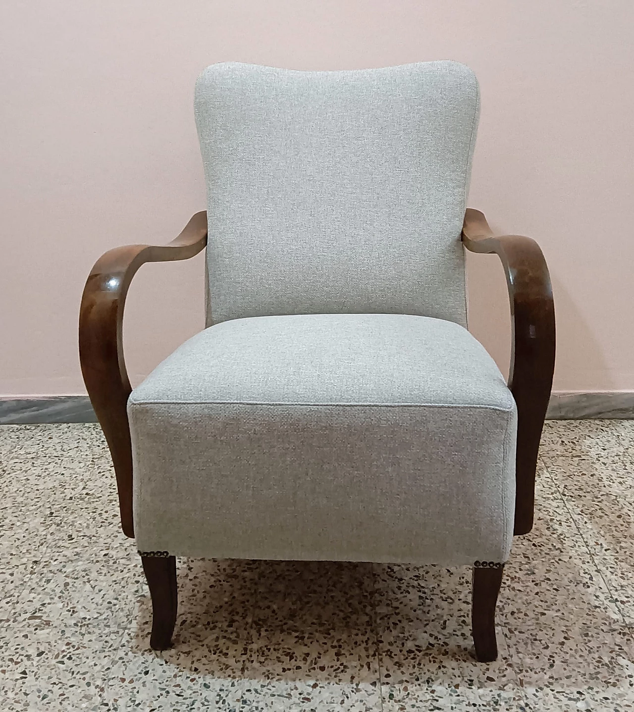 Pair of wooden and fabric armchairs, 1950s 6