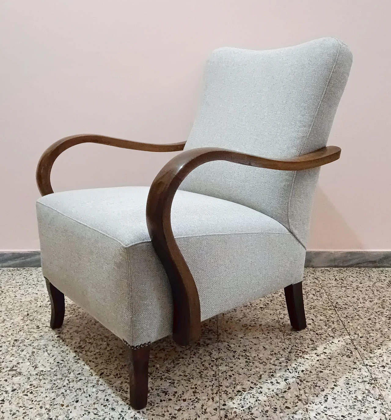 Pair of wooden and fabric armchairs, 1950s 7