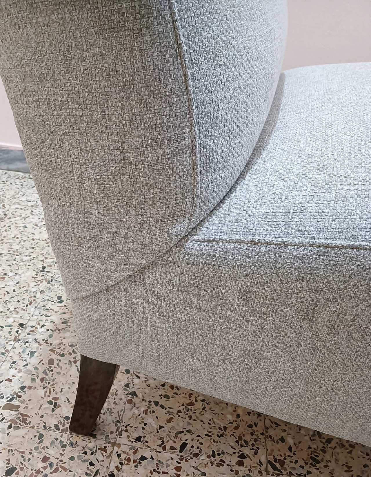 Pair of wooden and fabric armchairs, 1950s 8