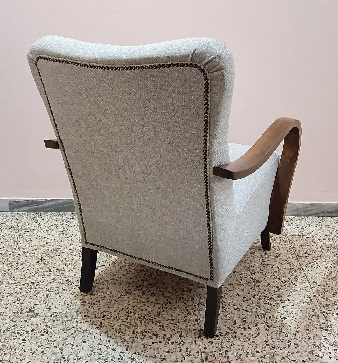 Pair of wooden and fabric armchairs, 1950s 9