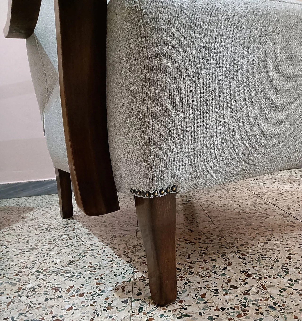 Pair of wooden and fabric armchairs, 1950s 10