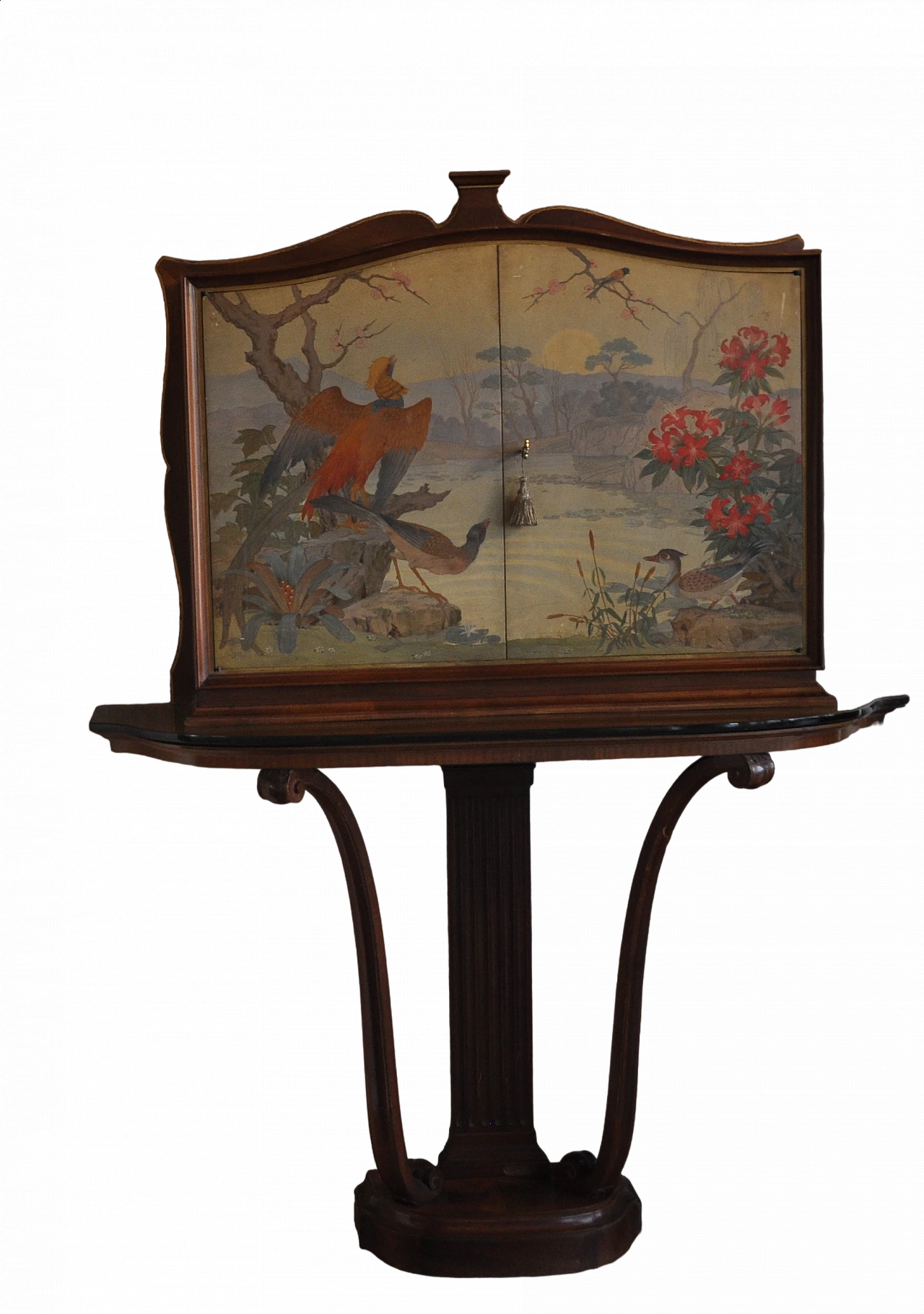 Mobile bar Art Deco in mogano con piano in vetro e mobiletto dipinto, anni '40 13