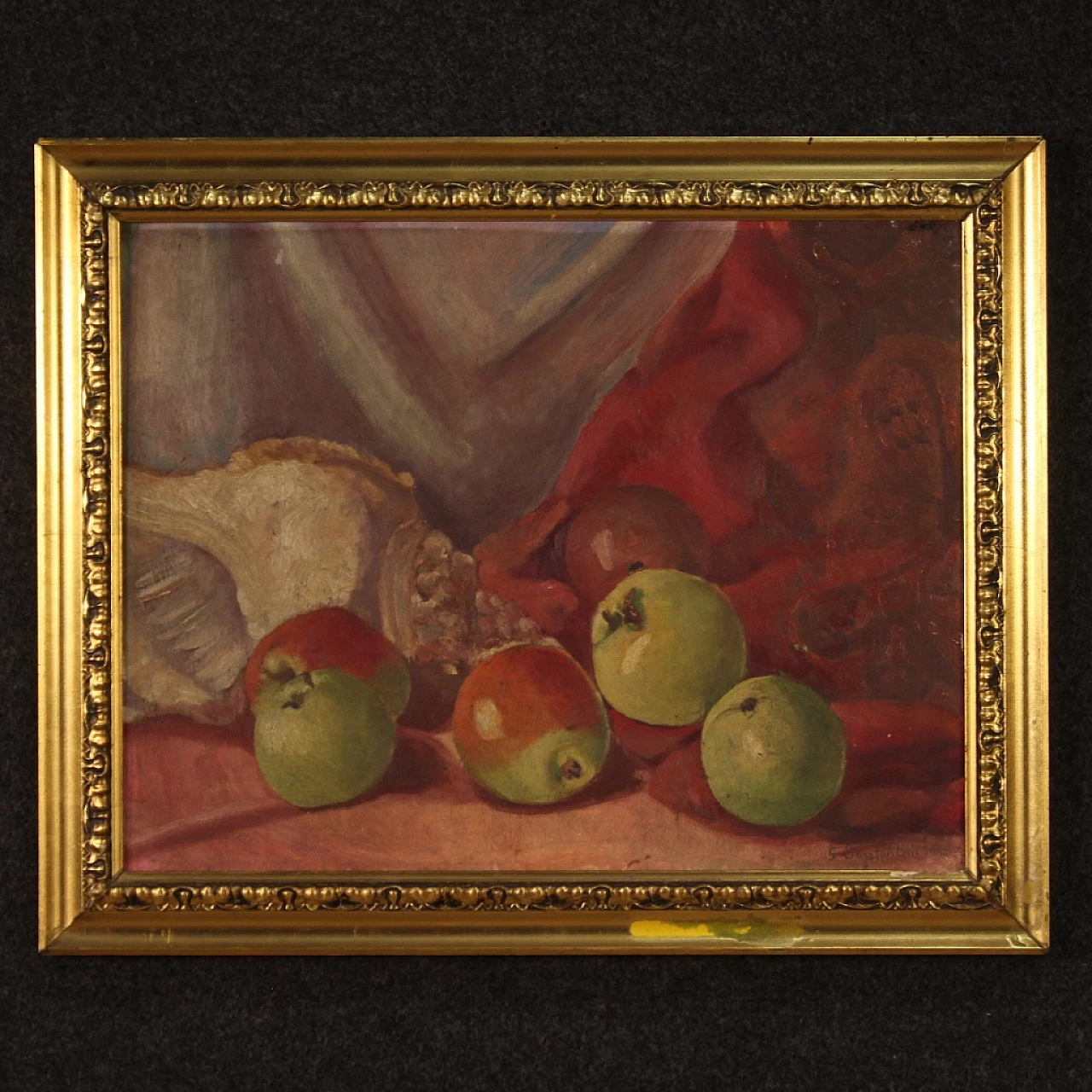 Dipinto di natura morta con conchiglia e mela, olio su tavolo, 1930 2