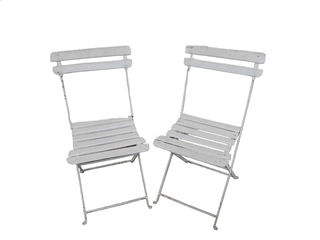 Pair of white iron and spruce folding chairs, 1950s 9
