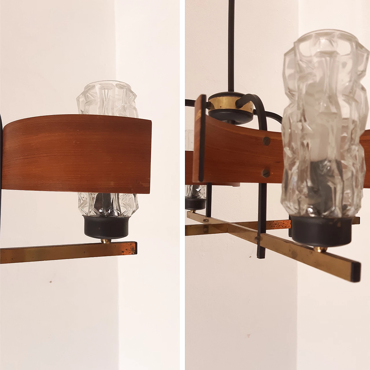 Lampadario in metallo, legno e vetro nello stile di Stilnovo, anni '60 2