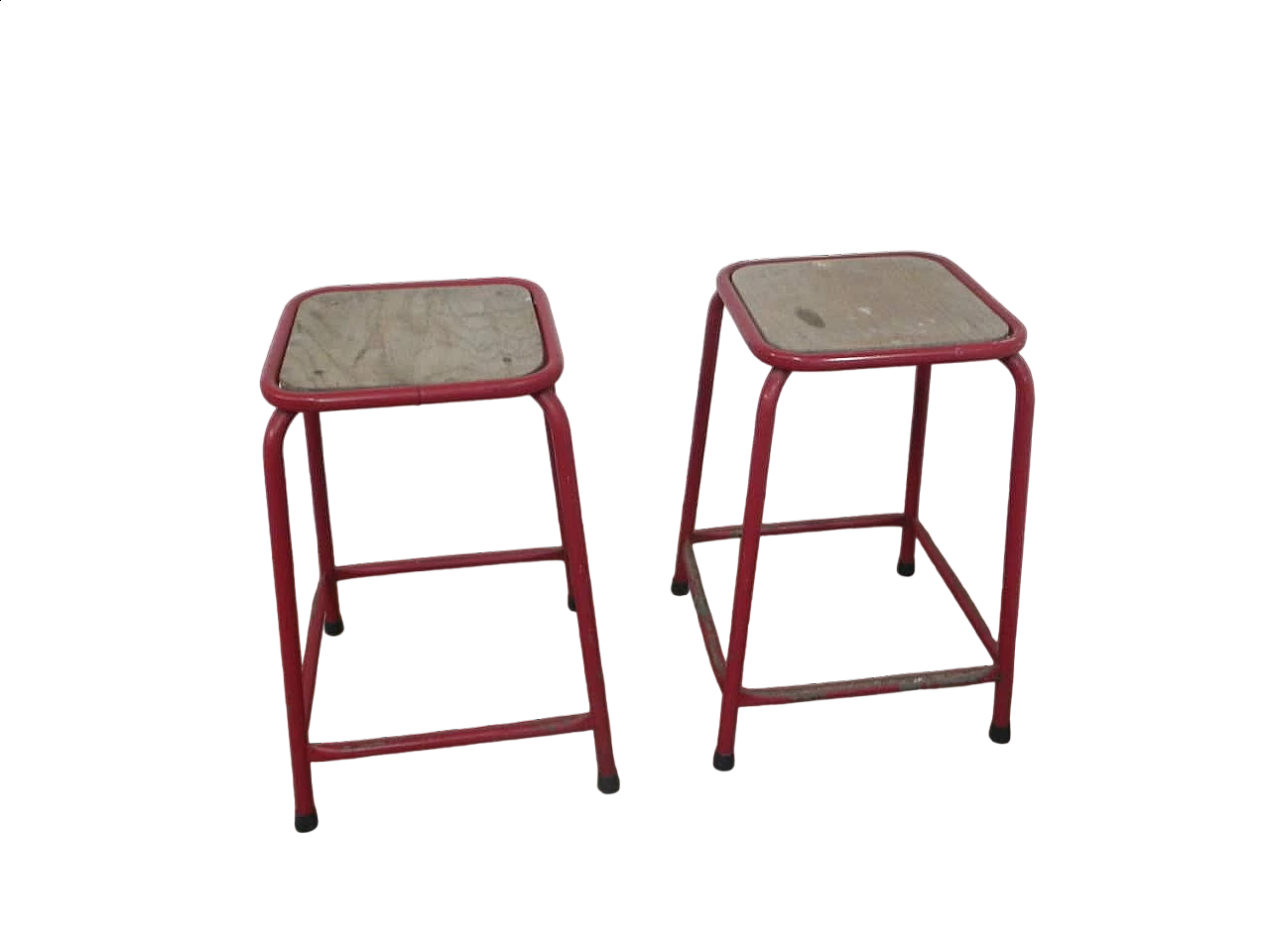Pair of red iron and compressed wood stools, 1970s 8