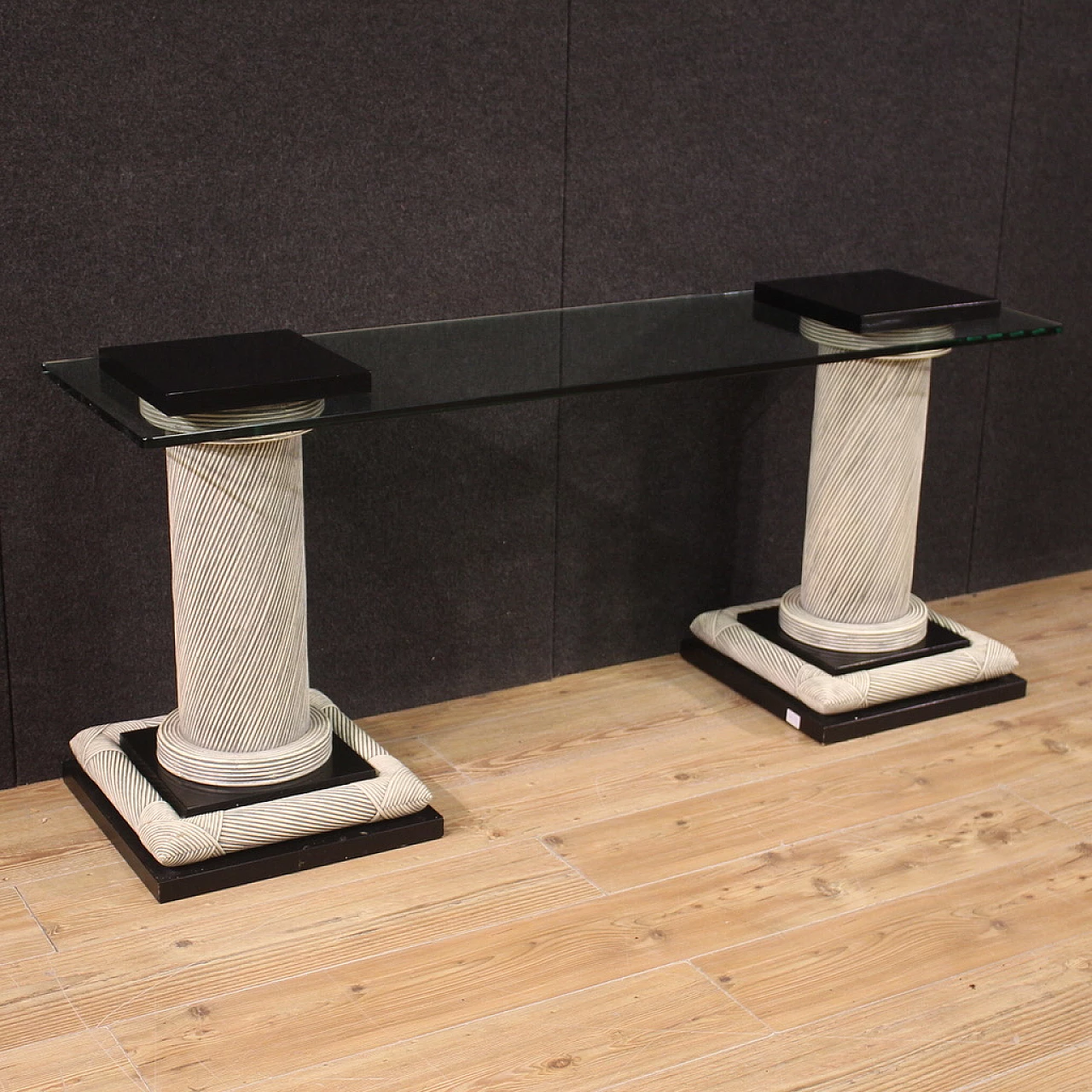 Wicker and lacquered wood console with glass top, 1980s 1