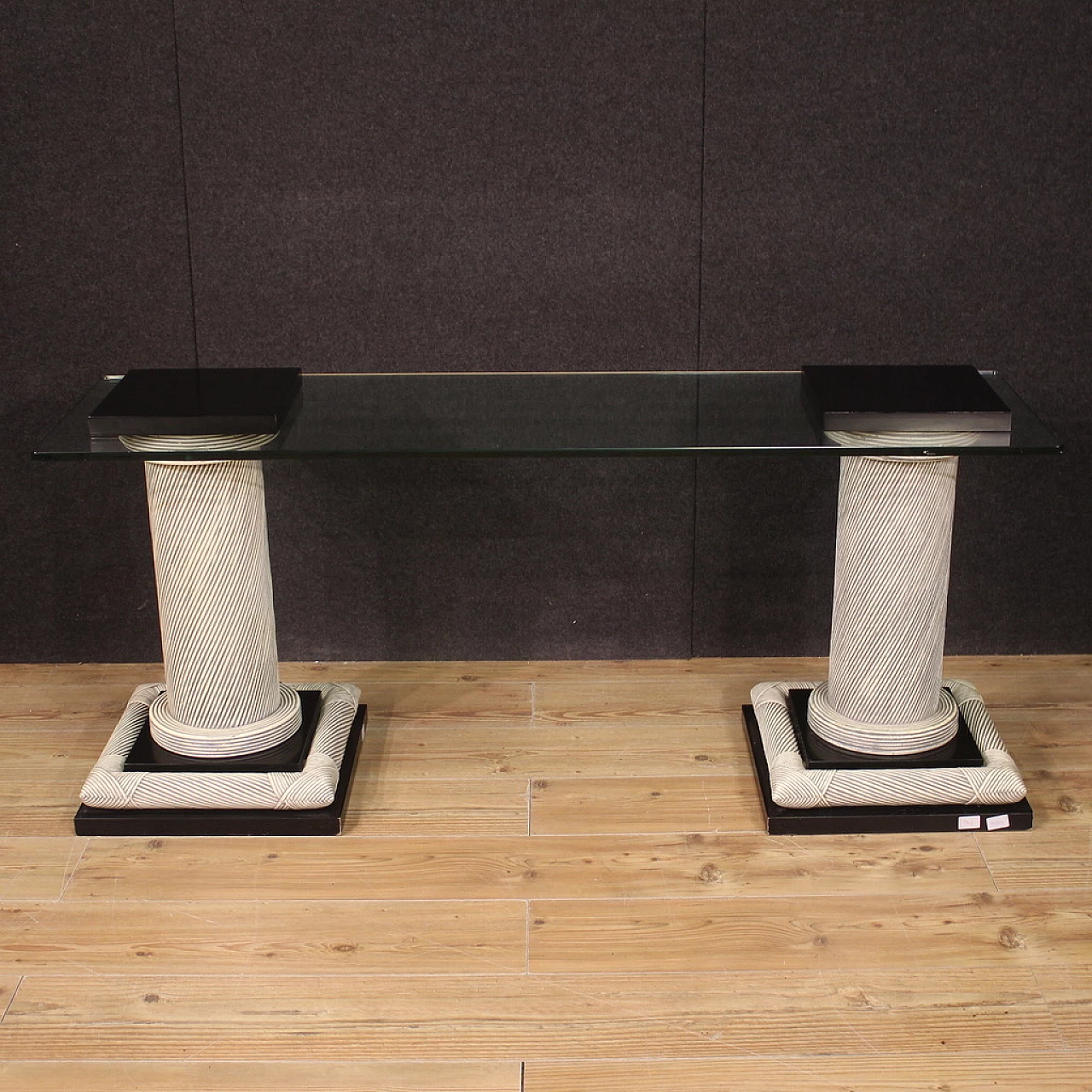 Wicker and lacquered wood console with glass top, 1980s 6