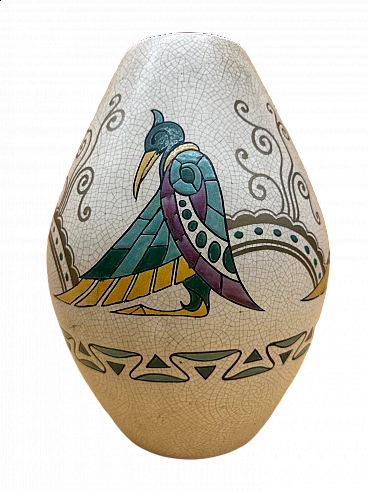 Vaso Orches in ceramica con motivi di uccelli stilizzati e decori policromi, inizio '900