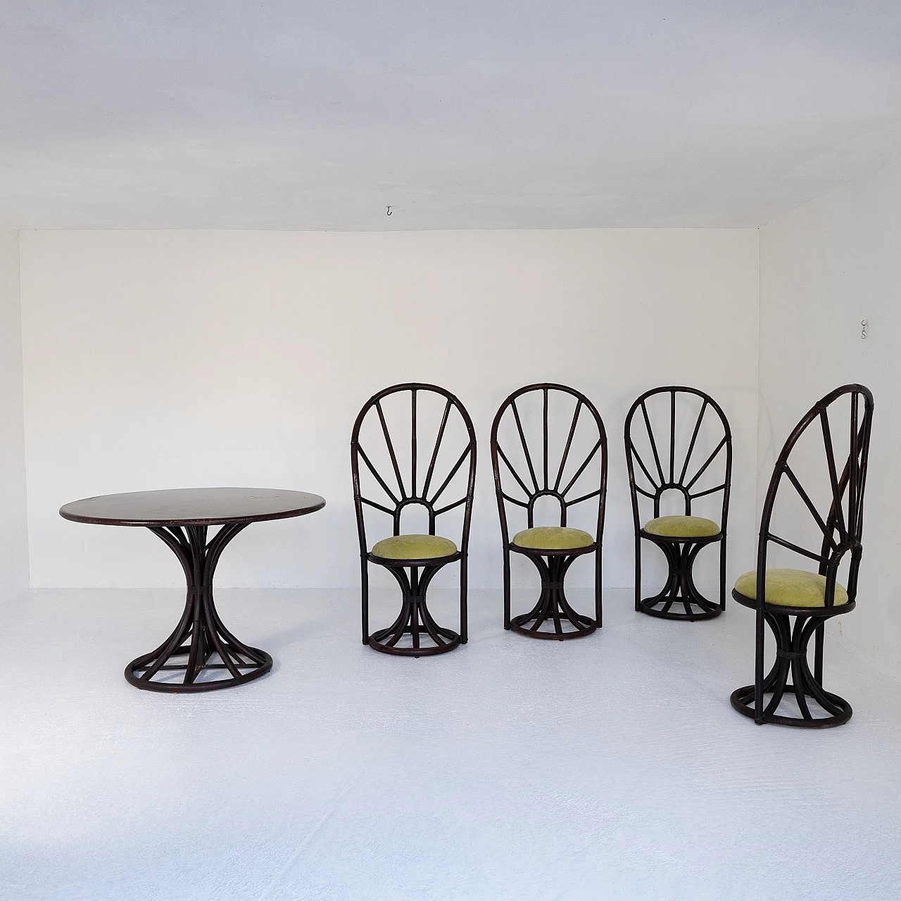 4 Chairs with round bamboo and beech table, 1970s 3
