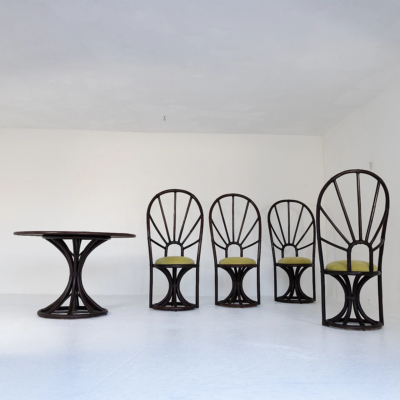 4 Chairs with round bamboo and beech table, 1970s 4