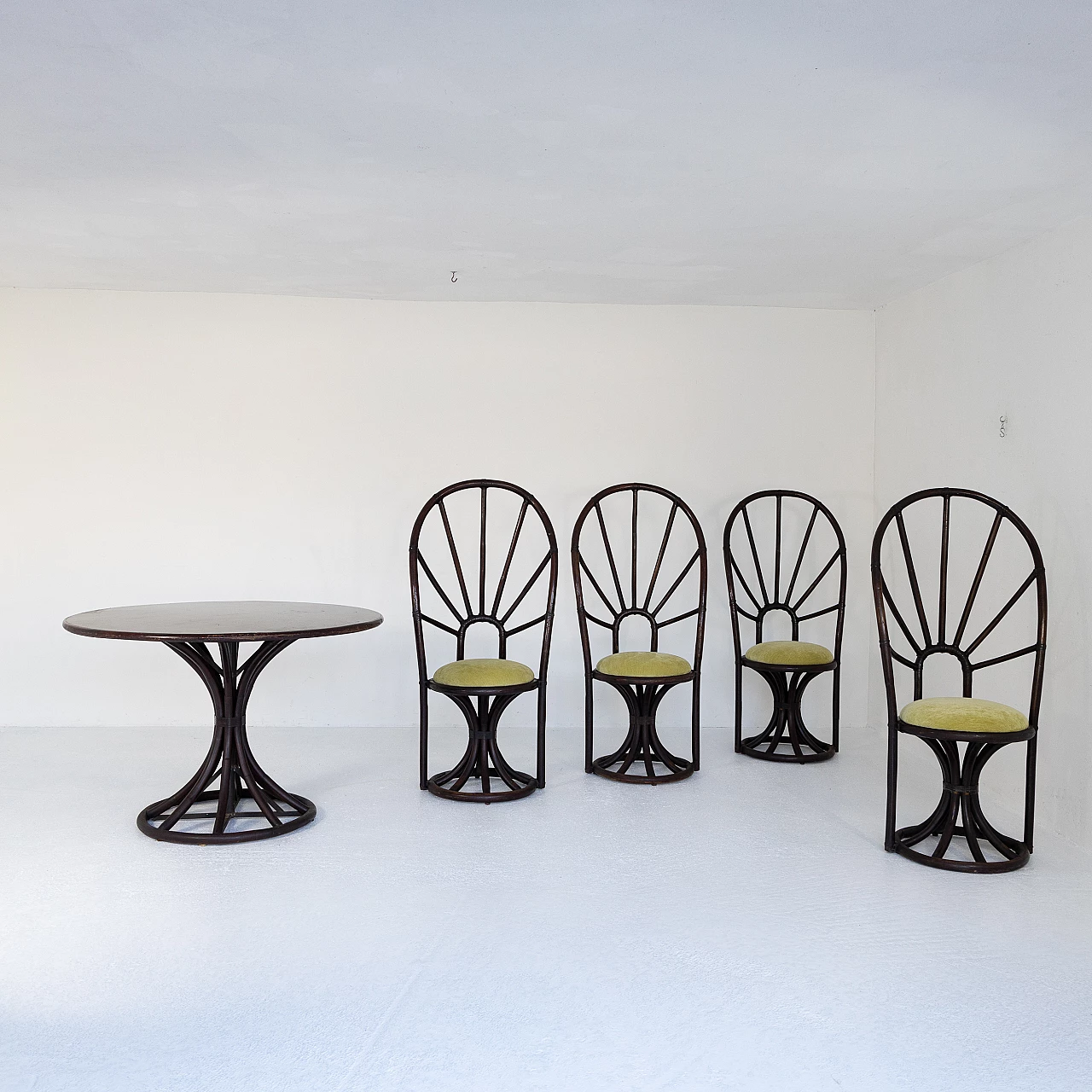 4 Chairs with round bamboo and beech table, 1970s 5