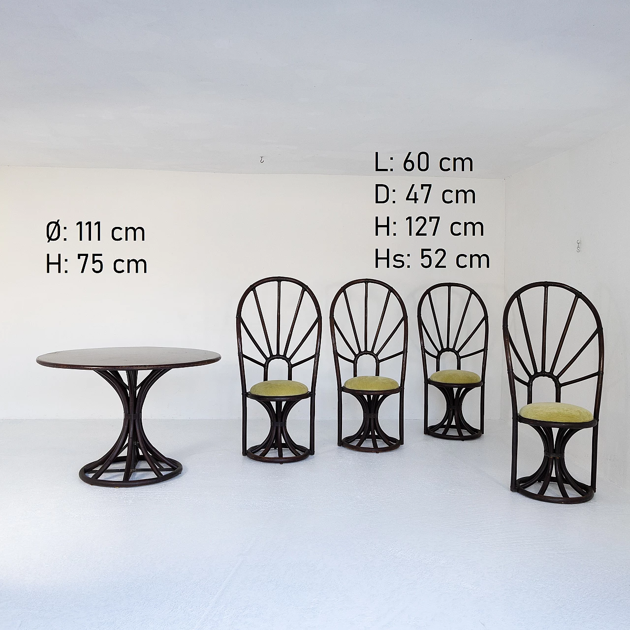 4 Chairs with round bamboo and beech table, 1970s 6