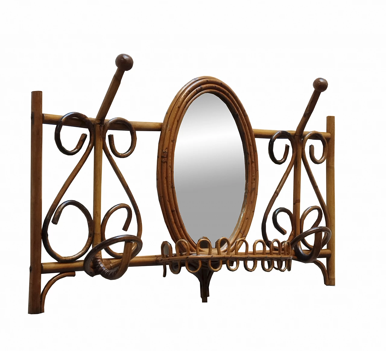 Bamboo and rattan wall coat rack with mirror, 1960s 2