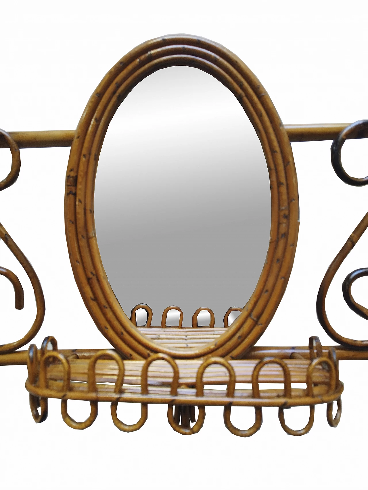 Bamboo and rattan wall coat rack with mirror, 1960s 3