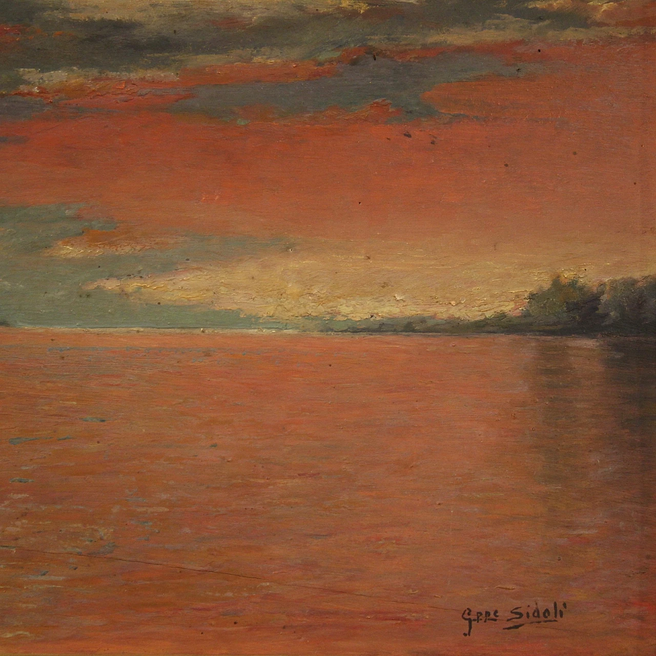 Giuseppe Sidoli, paesaggio marino all'alba, dipinto a olio su tavoletta 6