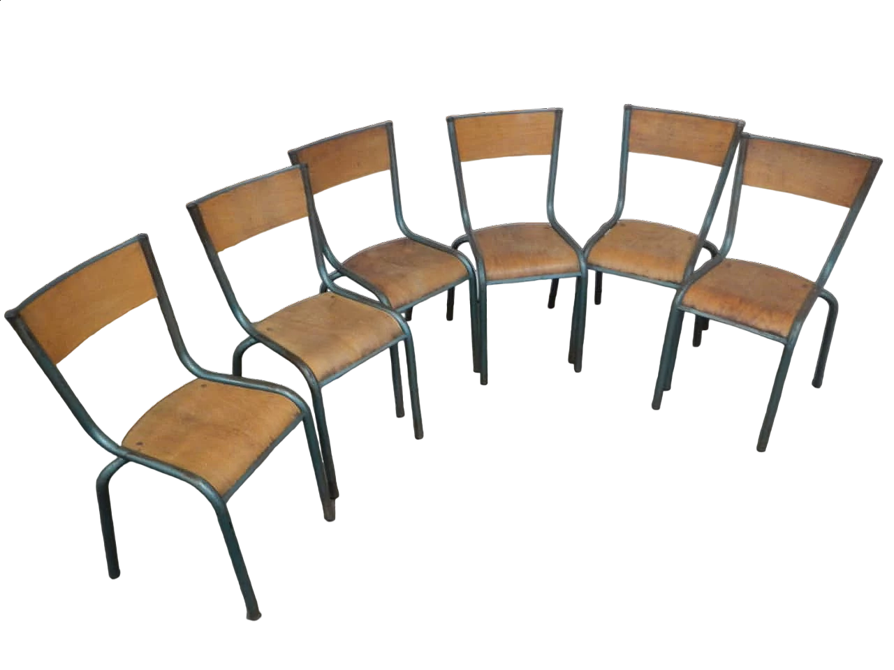 6 Green iron and birch stackable chairs by Mullca, 1960s 13