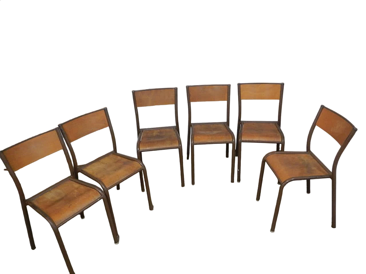6 Brown iron and birch stackable chairs by Mullca, 1960s 13
