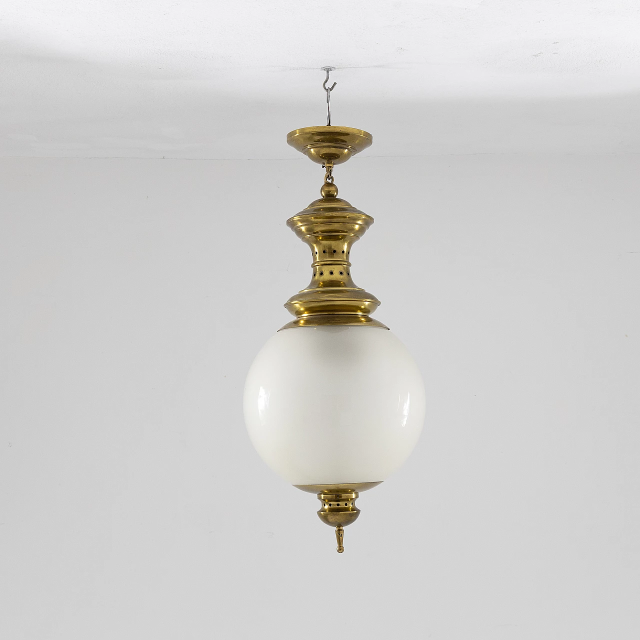 Brass and frosted glass chandelier, 1950s 1