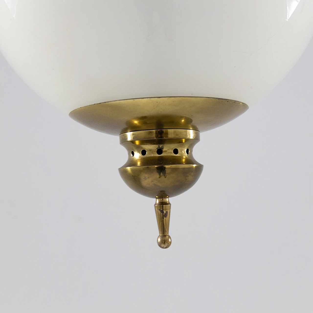 Brass and frosted glass chandelier, 1950s 2