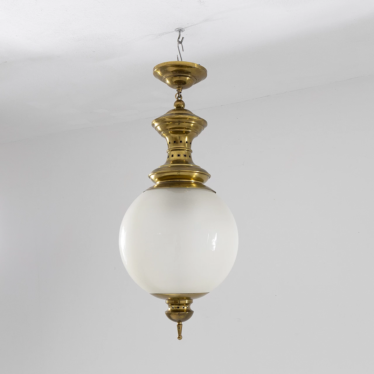 Brass and frosted glass chandelier, 1950s 5