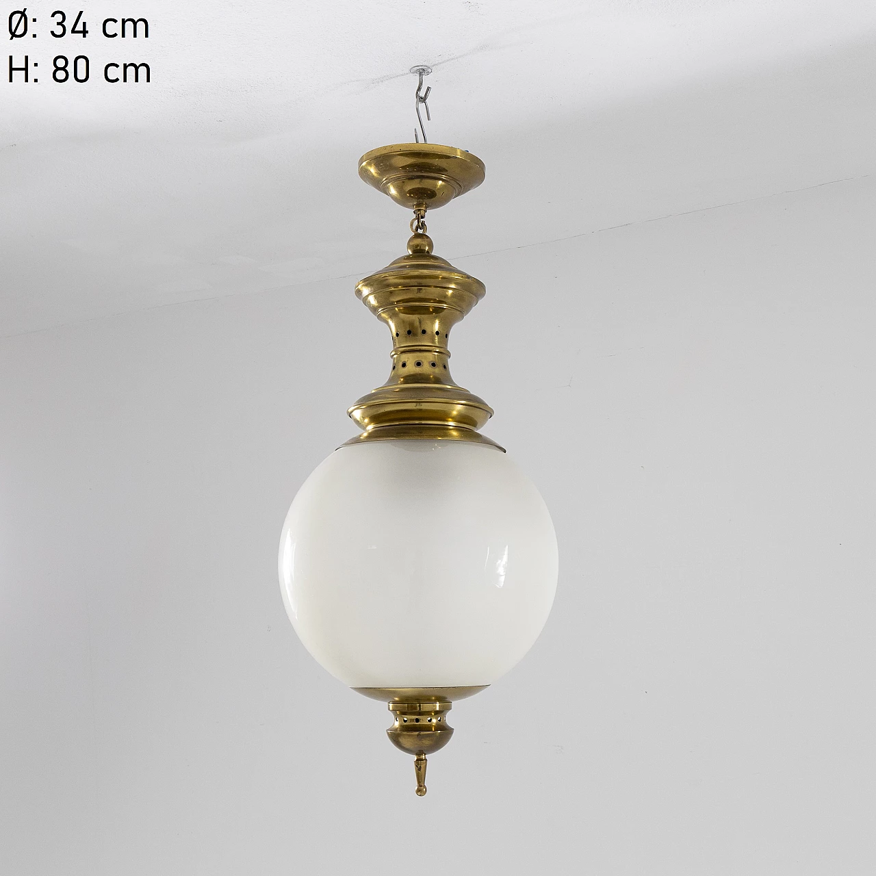 Brass and frosted glass chandelier, 1950s 6
