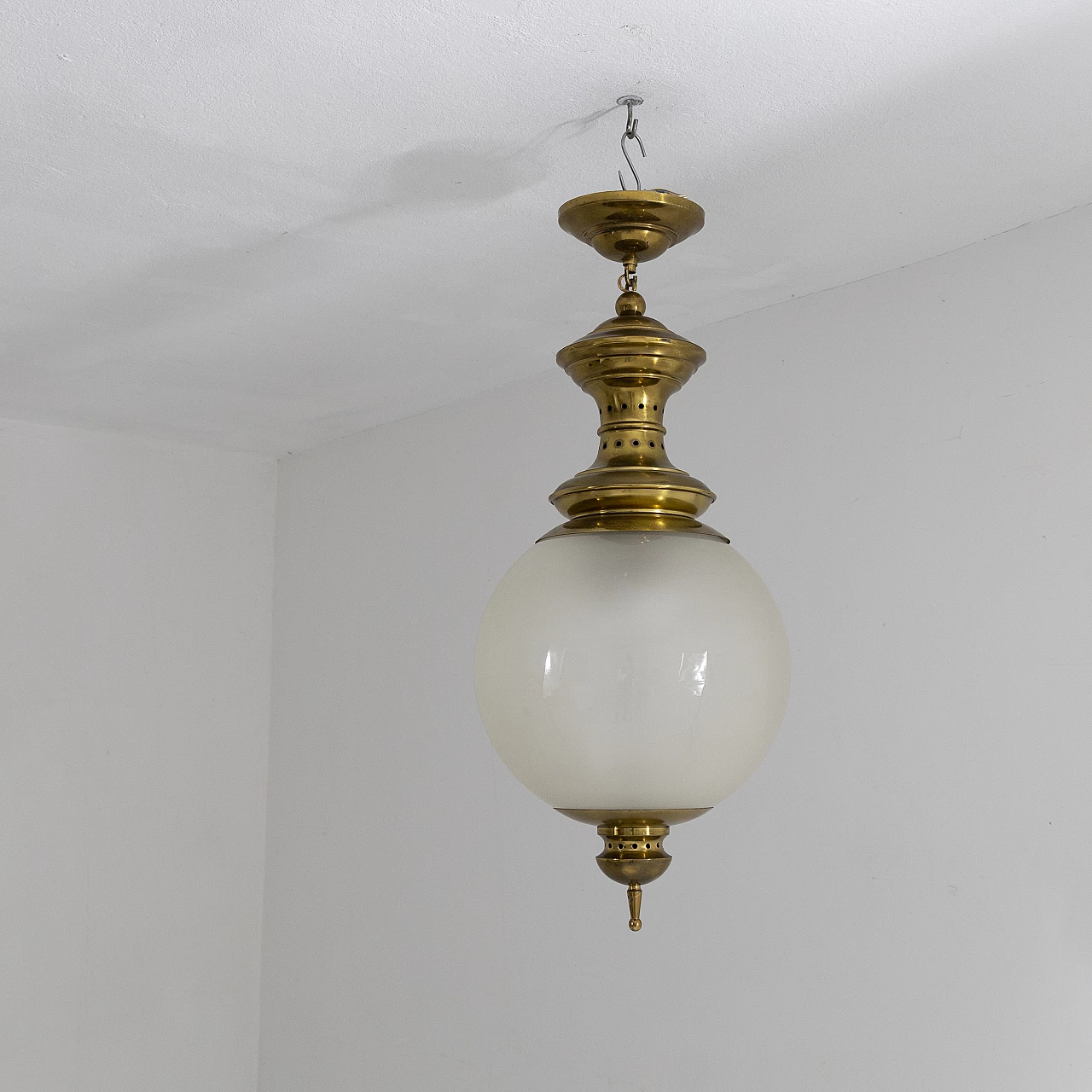 Brass and frosted glass chandelier, 1950s 7