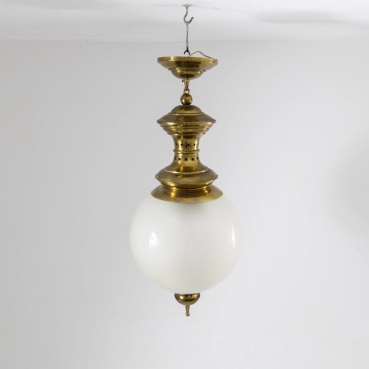 Brass and frosted glass chandelier, 1950s 8