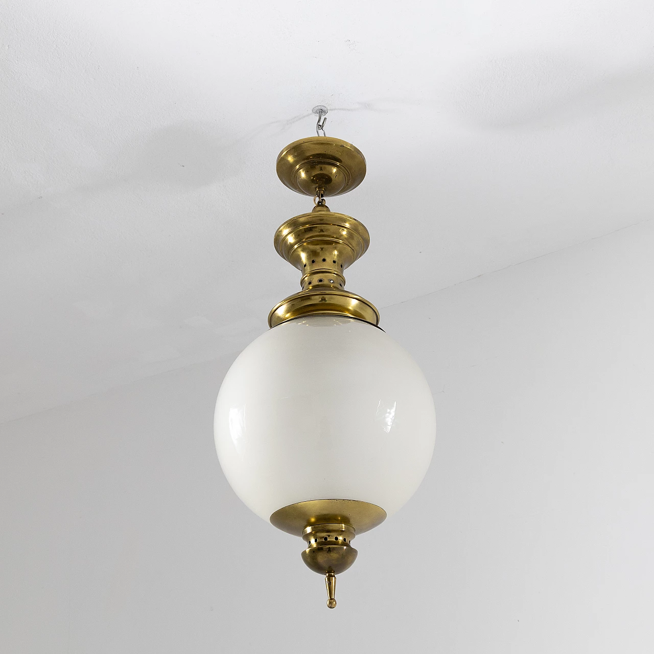 Brass and frosted glass chandelier, 1950s 10