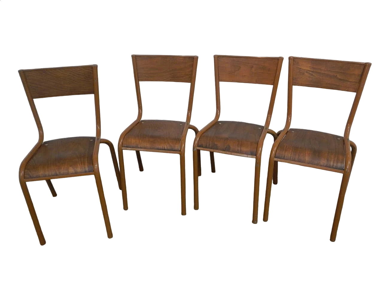 4 Light brown iron and birch stackable chairs by Mullca, 1960s 12