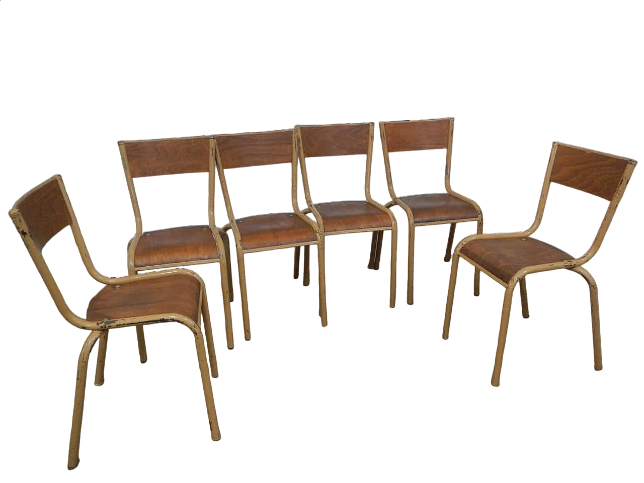 6 Ocher iron and birch stackable chairs by Mullca, 1960s 12