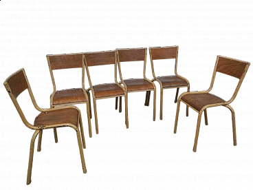 6 Ocher iron and birch stackable chairs by Mullca, 1960s