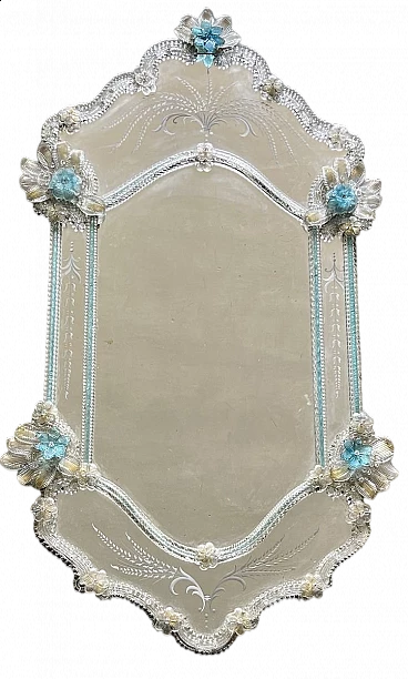 Specchio in vetro di Murano trasparente e azzurro, anni '60