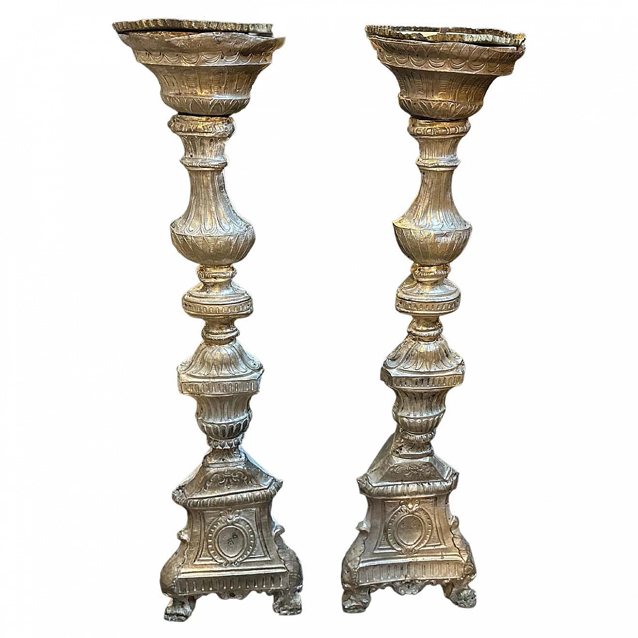 Coppia di torcieri da chiesa Luigi XVI in legno e metallo, '700 1