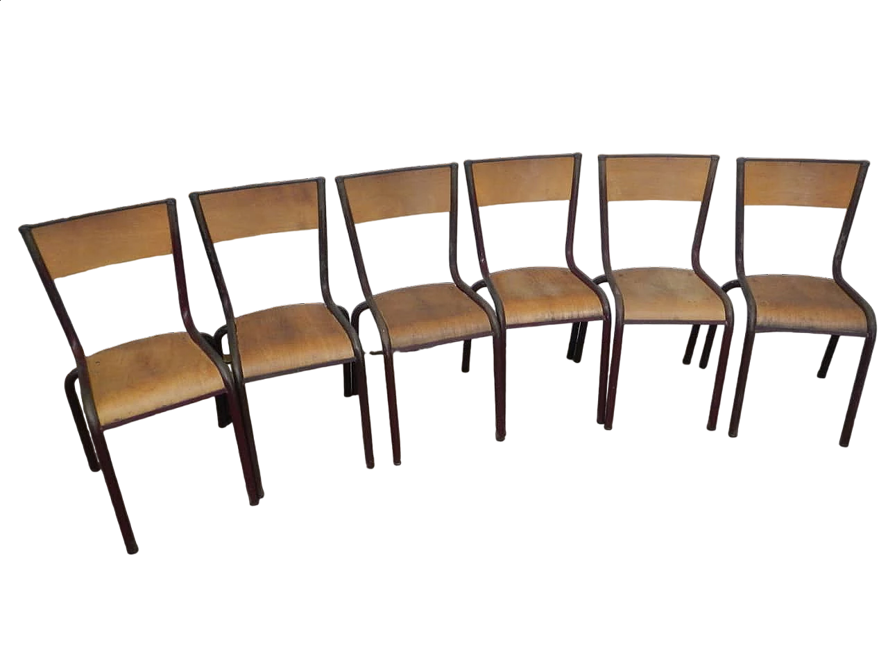 6 Burgundy iron and birch stackable chairs by Mullca, 1960s 11