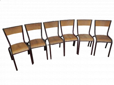 6 Burgundy iron and birch stackable chairs by Mullca, 1960s