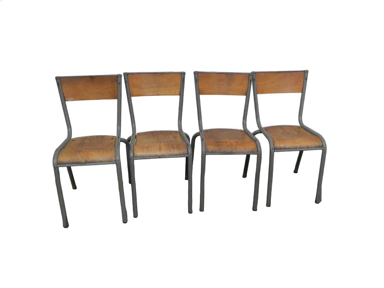 4 Gray iron and birch stackable chairs by Mullca, 1960s 11