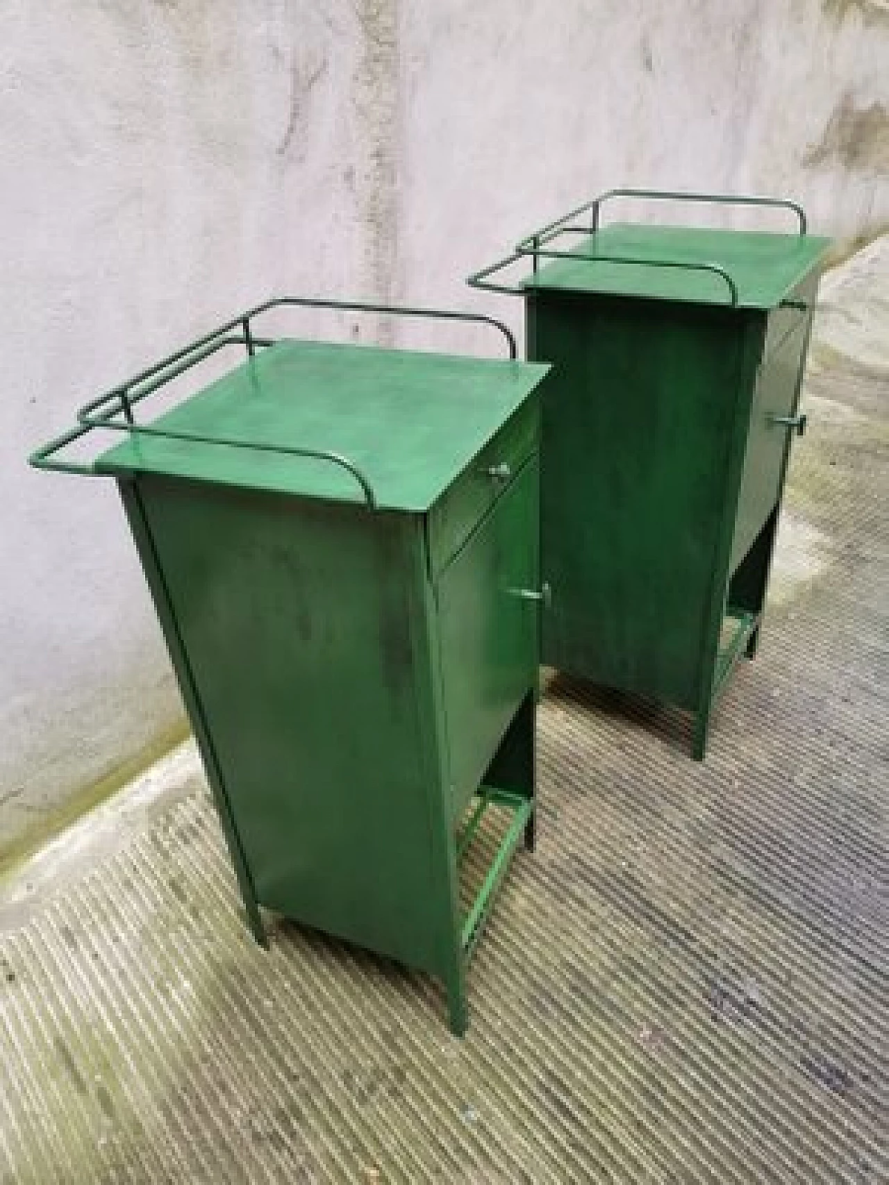 Pair of green metal bedside tables, 1940s 4