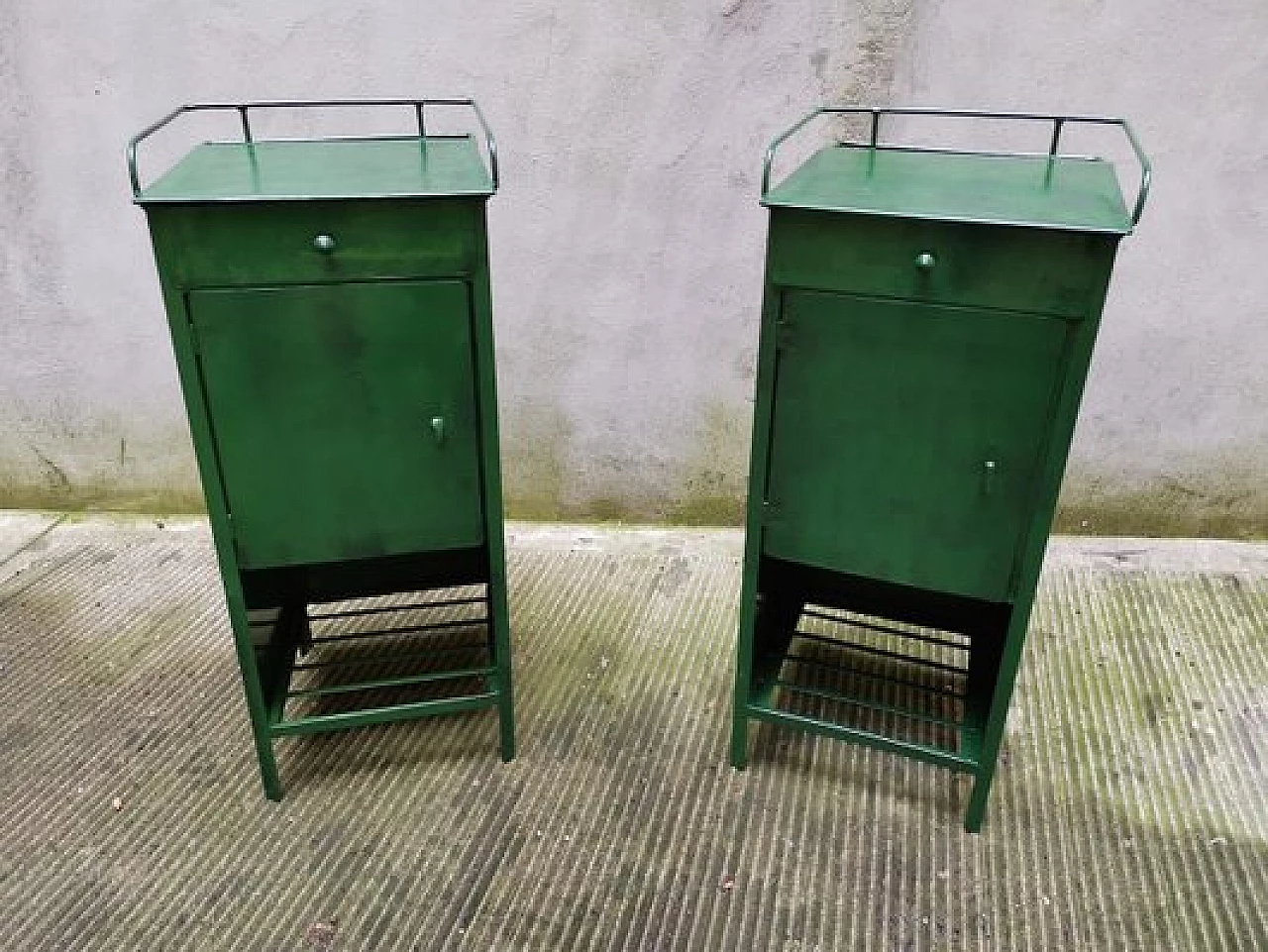 Pair of green metal bedside tables, 1940s 5