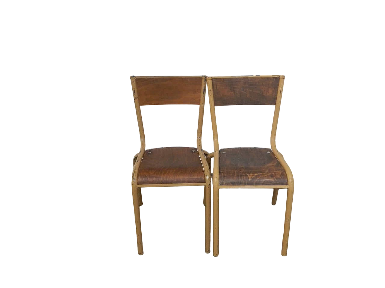 Pair of stackable iron chairs with birch blockboard seat by Mullca, 1960s 8