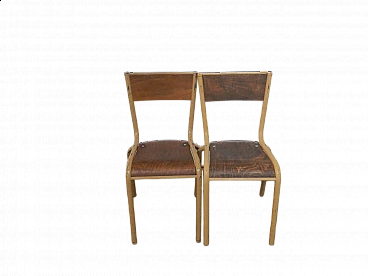 Pair of stackable iron chairs with birch blockboard seat by Mullca, 1960s