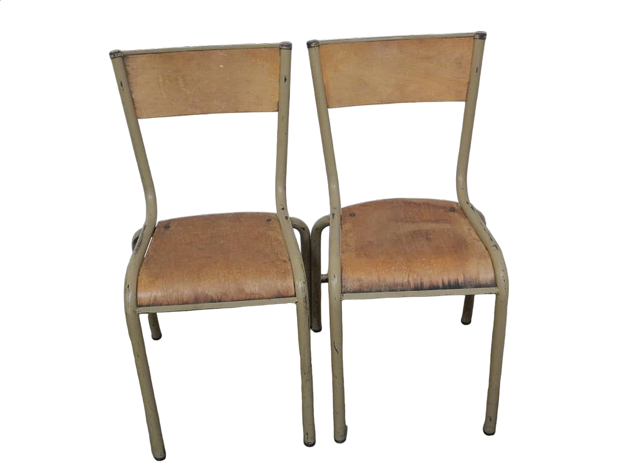 Pair of beige iron stacking chairs with birch blockboard seat by Mullca, 1960s 11